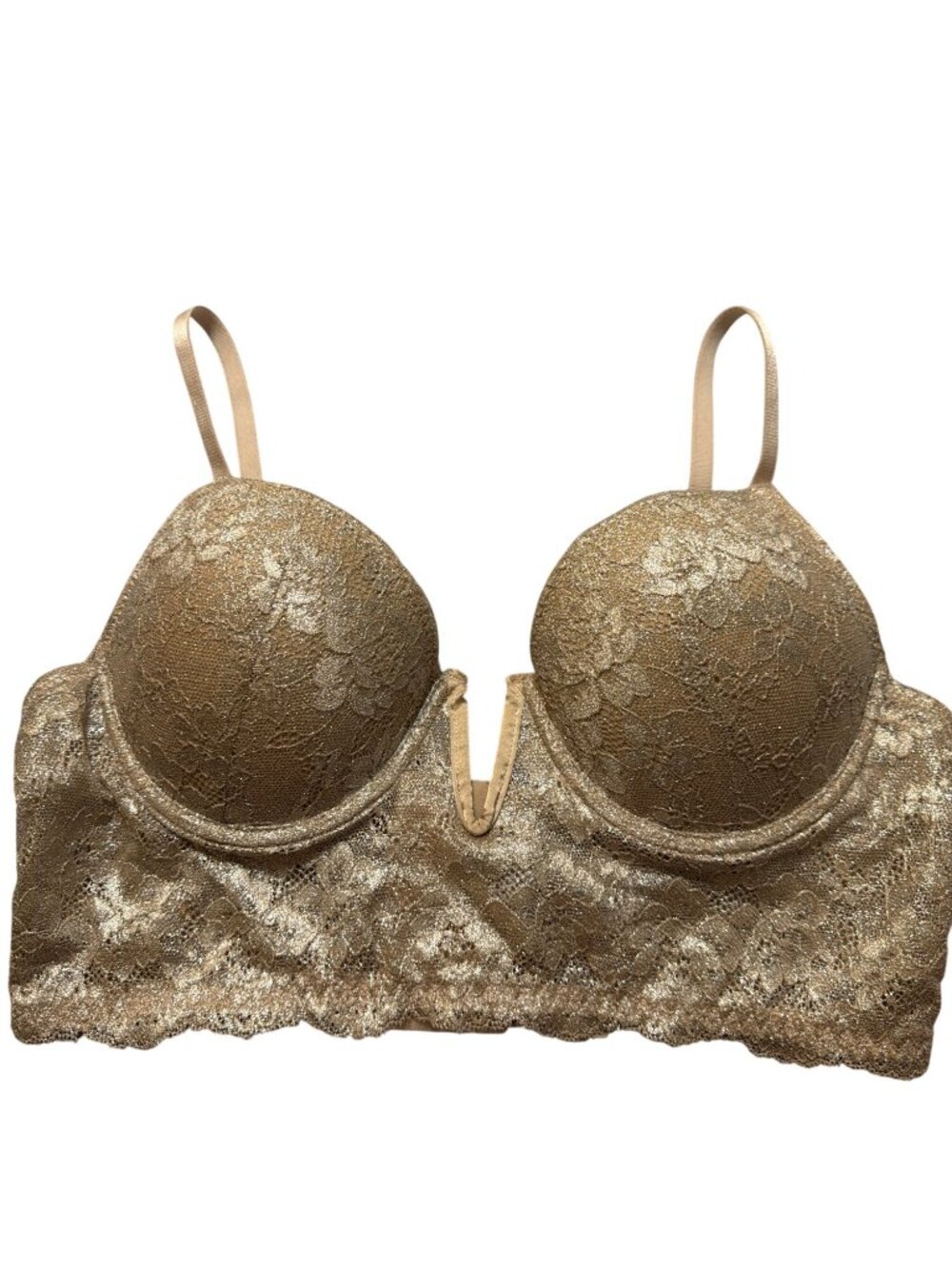 Forever 21 Gold Lace Bralette Bra Plunge V Front Design Size Large 14/16 NWT